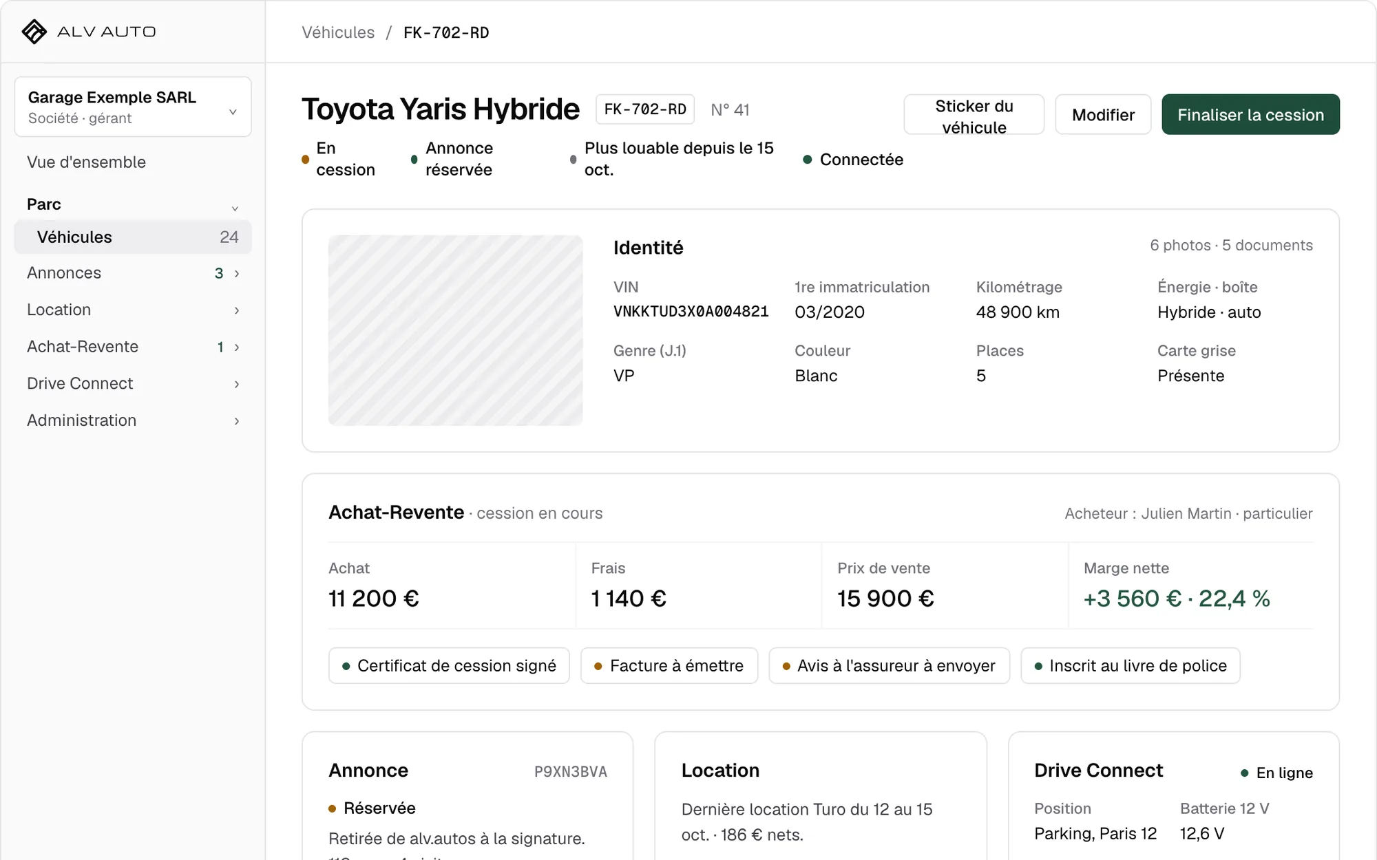 Fiche véhicule de l’ERP ALV